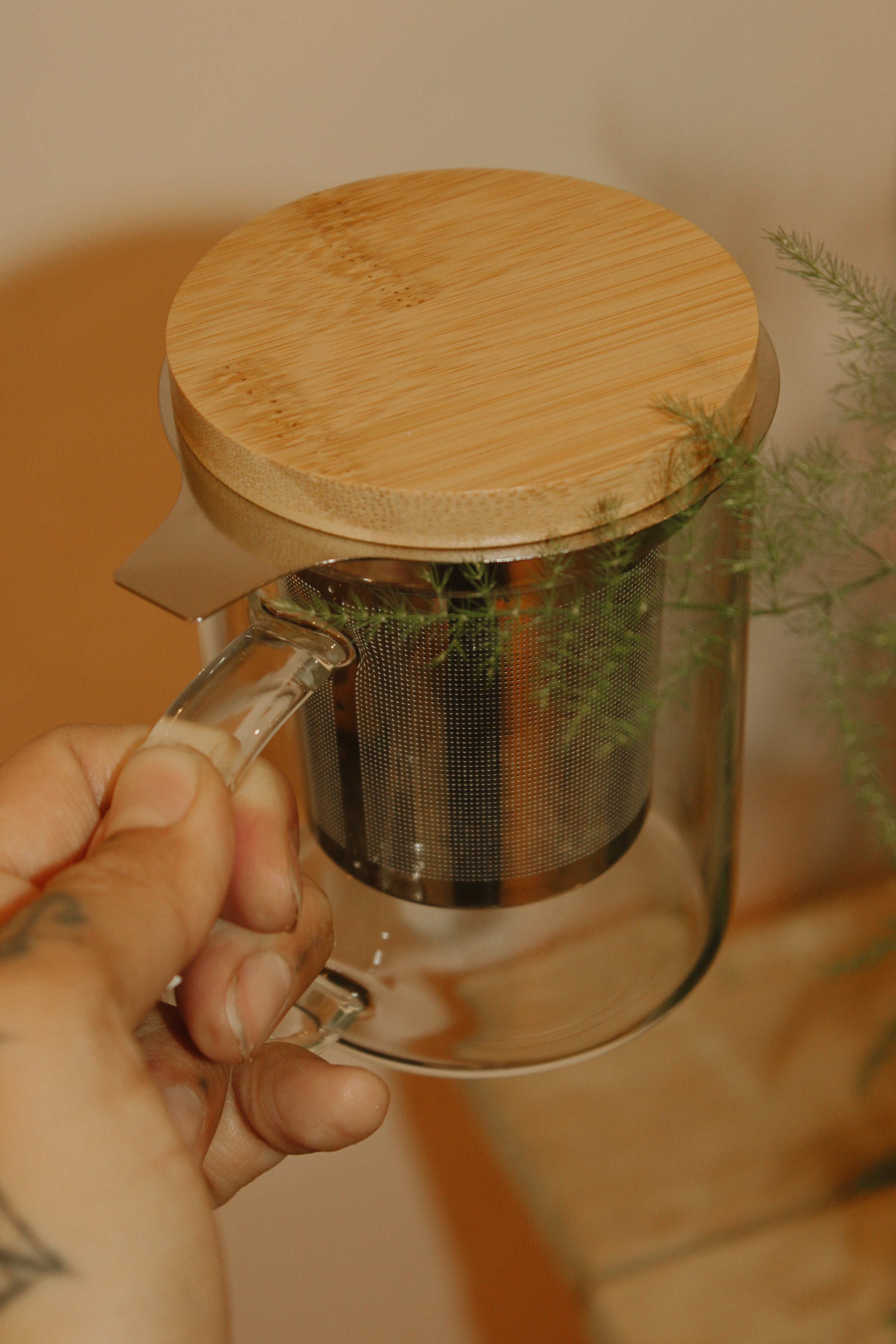 Glass Tea Mug with Wooden Lid & Strainer