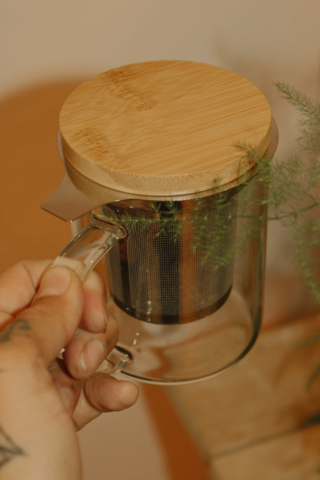 Glass Tea Mug with Wooden Lid & Strainer