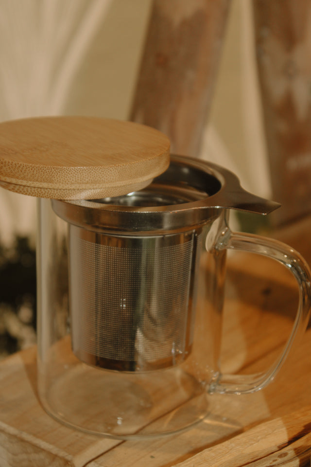 Glass Tea Mug with Wooden Lid & Strainer